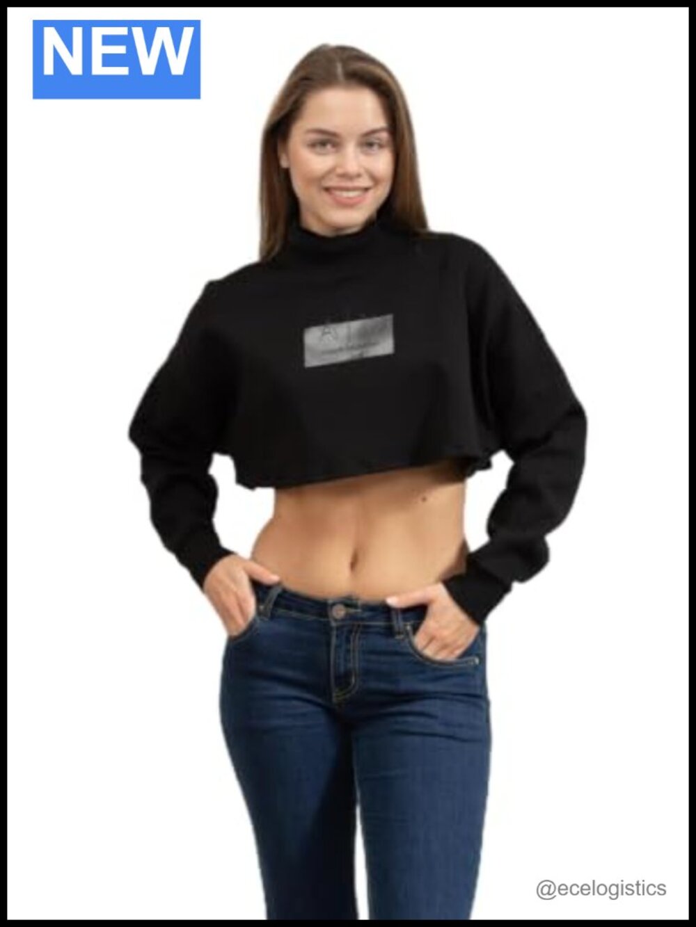 Cropped Mock Neck Box Logo Sweatshirt Long Sleeve Cotton Blend Pullover